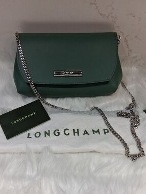 Longchamp Rouseu Green Leather Crossbody/Clutch/Long Shlder Bag w Silver Chain